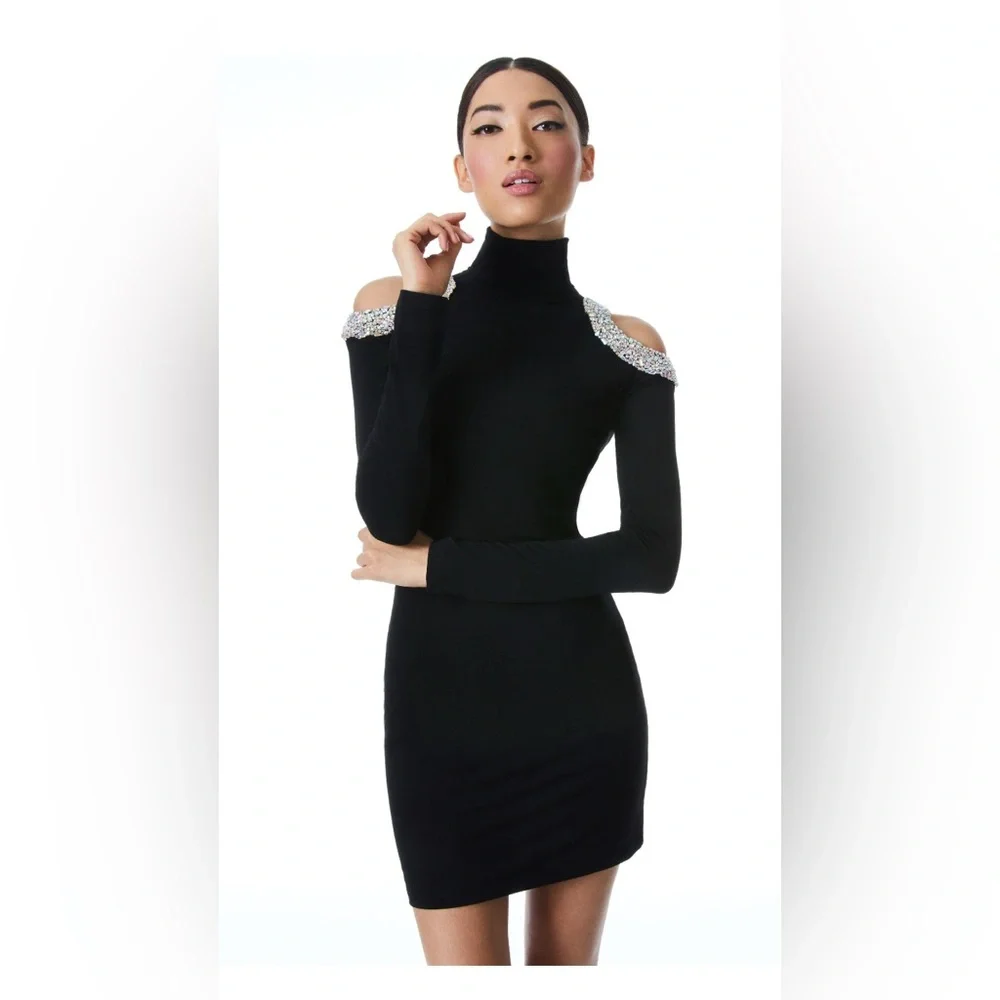 Alice + Olivia DELORA EMBELLISHED SHOULDER CUT OUT MINI DRESS 6 WORN ONCE - Picture 3 of 7